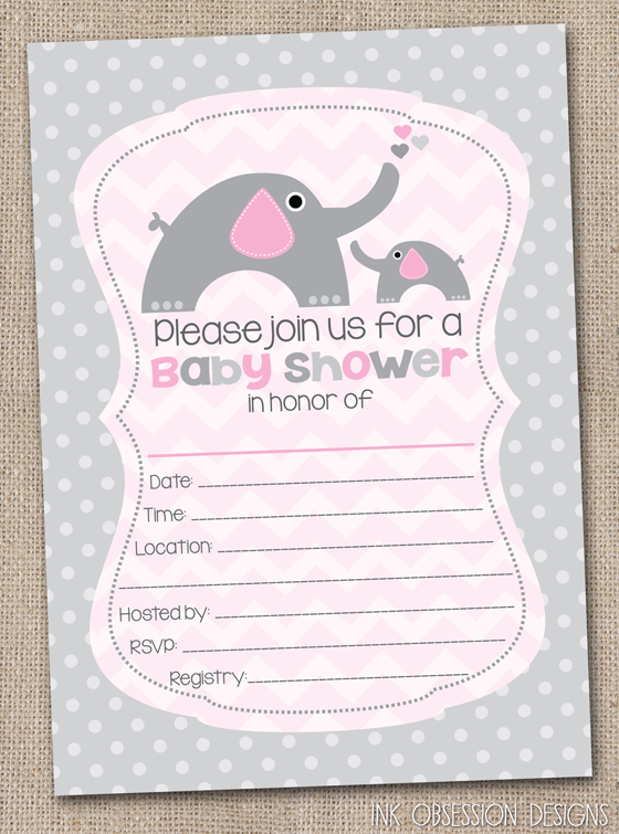 Elephant Baby Shower Blank Invitation For Girls