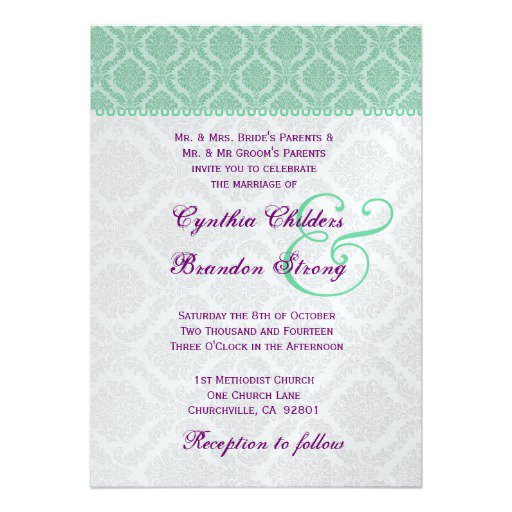 Purple And Green Damask Wedding Invitations