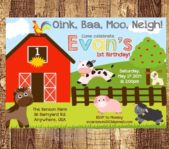 Farm Animal First Birthday Party Invitations