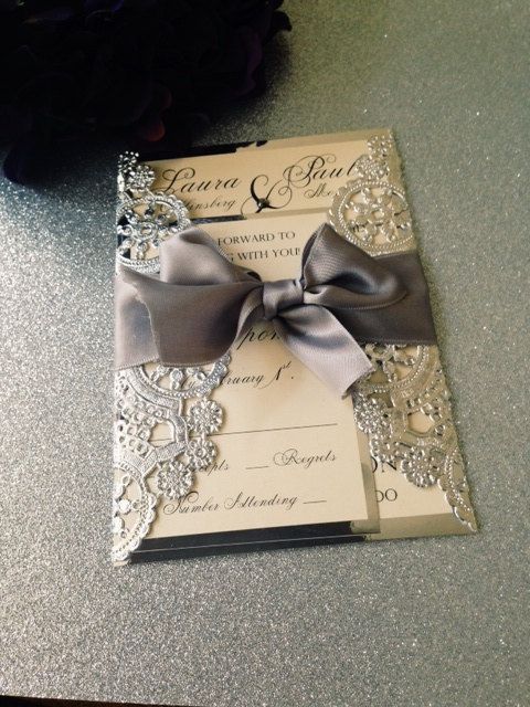 Metallic Doilies Wedding Invitation Suite With Ribbon Bow
