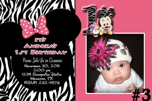 Minnie Mouse Zebra 1st Birthday Invitations