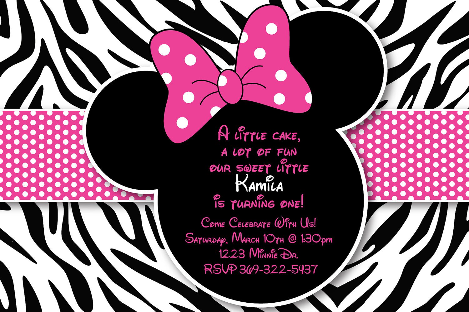 Minnie Mouse Zebra Birthday Invitations
