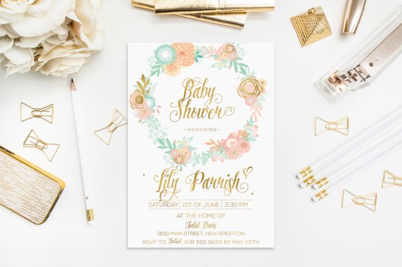Mint Peach And Gold Wedding Invitations