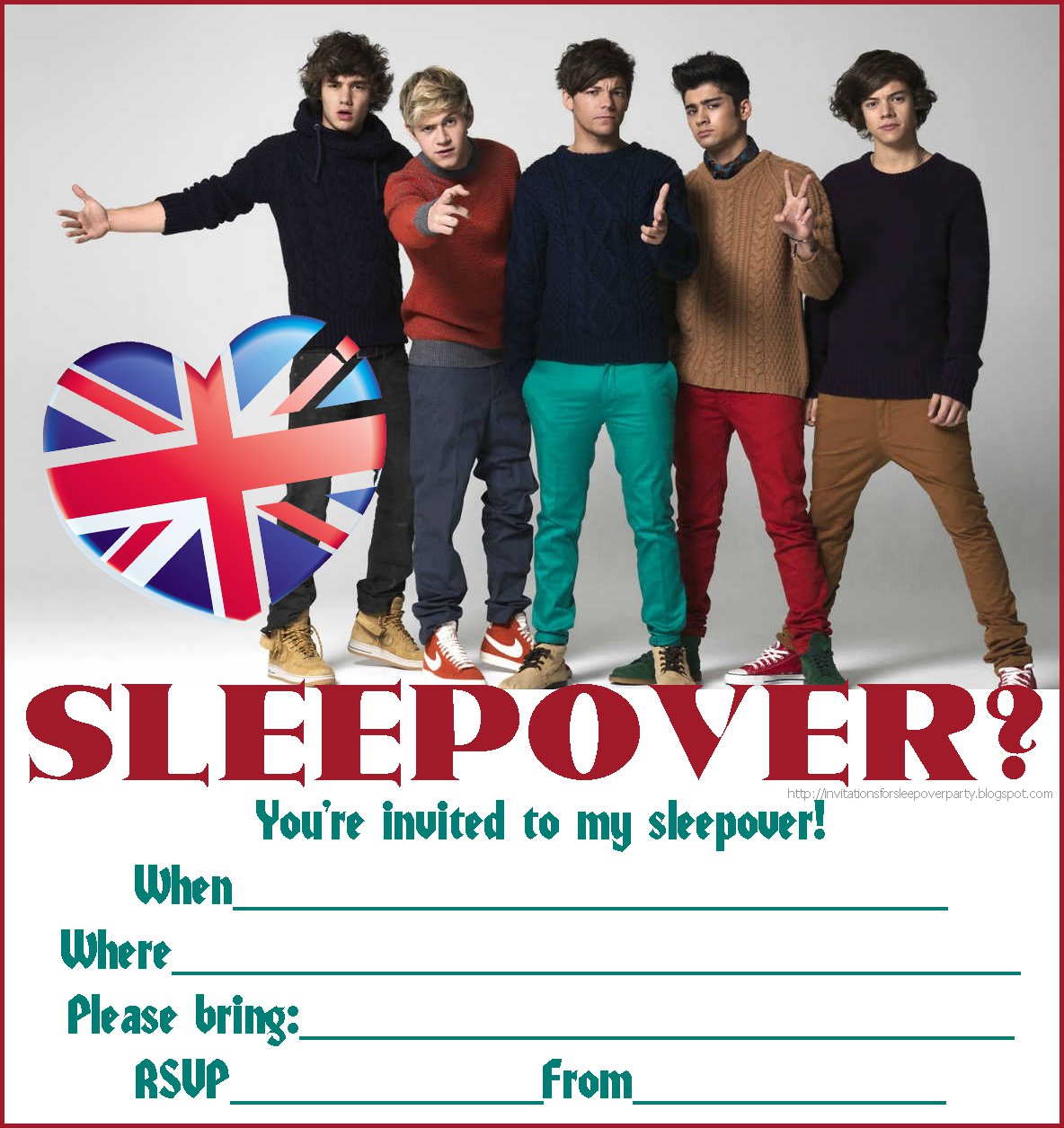 One Direction Sleep Over Invitations